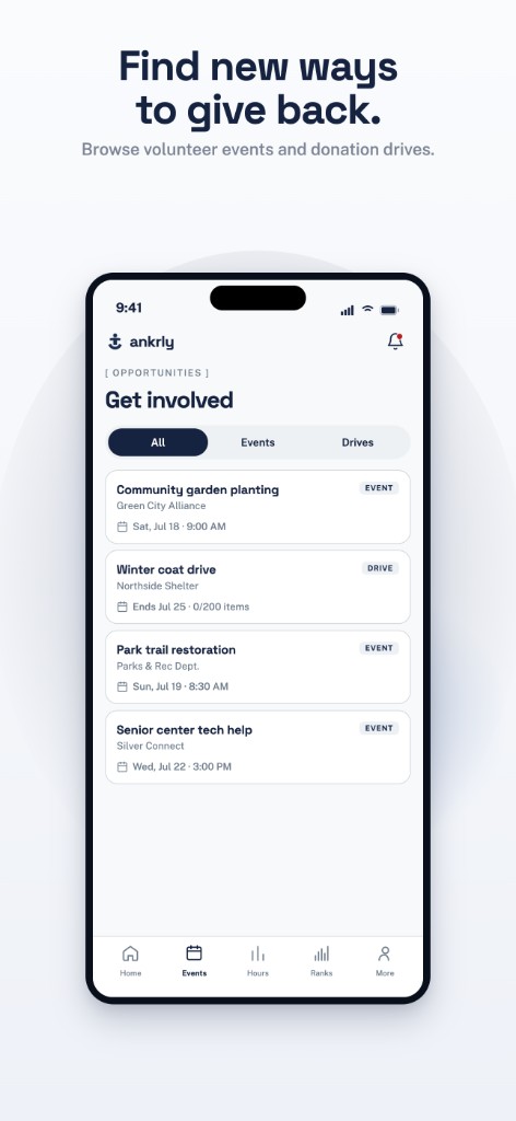 Ankrly opportunities feed listing volunteer events and donation drives with dates and times.