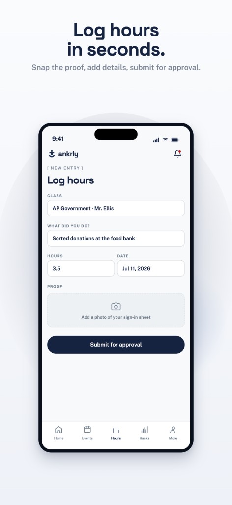 Ankrly log-hours form with class, description, hours, date, and a photo proof upload.